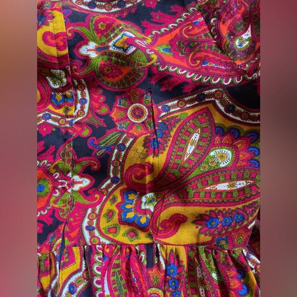 70s Vintage Young Innocent Midi Length Prairie Dress w Red Paisley and Velvet - Picture 9 of 9